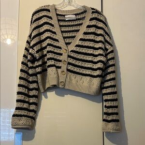 Lucky Brand Striped V-Neck Cropped Button Cardigan - Black & Cream